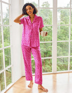 Ekouaer Silk Satin Pajamas Set Women Short Sleeve Sleepwear Soft Button Down Loungewear Pjs Set