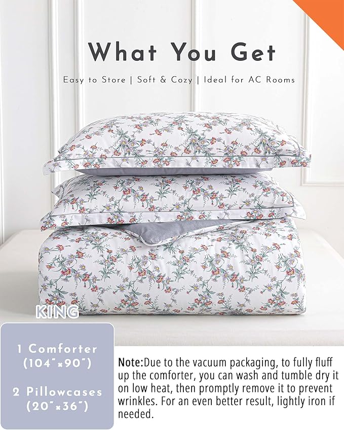 ALEISSEL White Floral Cotton Comforter King Size - 3PC Lightweight Bedding Sets with Soft Fill, Elegant Pale Purple & Burgundy Botanical Patterns with Light Gray Reversible Design