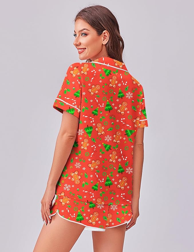 Ekouaer Womens Silk Satin Pajama Set Print Short Sleeve Sleepwear Button Down Pjs Shorts Set Loungewear