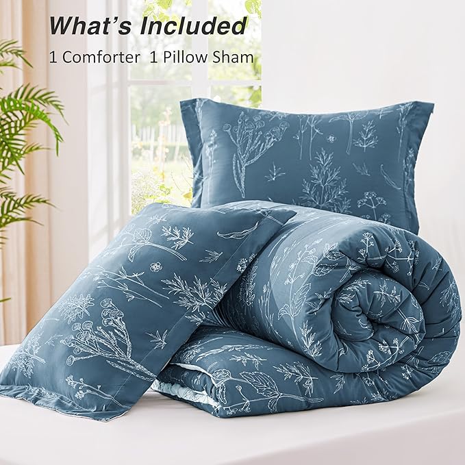 Love's cabin Bluish Grey Twin Comforter Set - Twin XL Size Comforter Set Dorm Bedding, 2 Pieces Cute Floral Bedding, Reversible Flowers Comforter, 1 Comforter & 1 Pillow Sham
