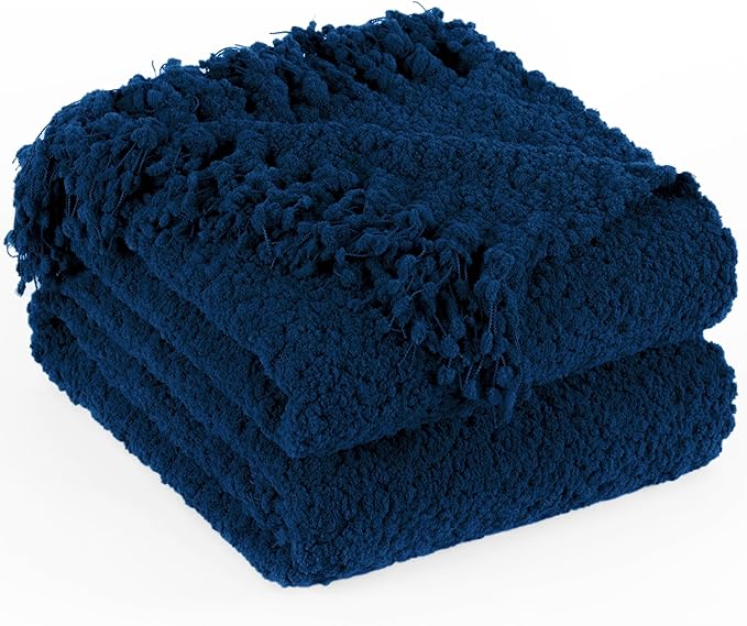 Throw Blanket for Couch, Navy Blue Luxury Knitted Throws 50"x60", Textured Blankets with Handmade Fringe Tassels for Bed Sofa Decorative, Chunky Soft Farmhouse Boho Home Decor
