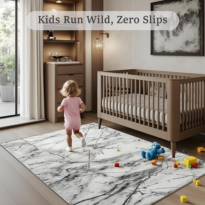 CRYPTOLITE Abstract Area Rug Washable Rug with Non-Slip Backing Low Pile Area Rugs for Living Room, Bedroom, Dining Room,4x6, Silver&Grey