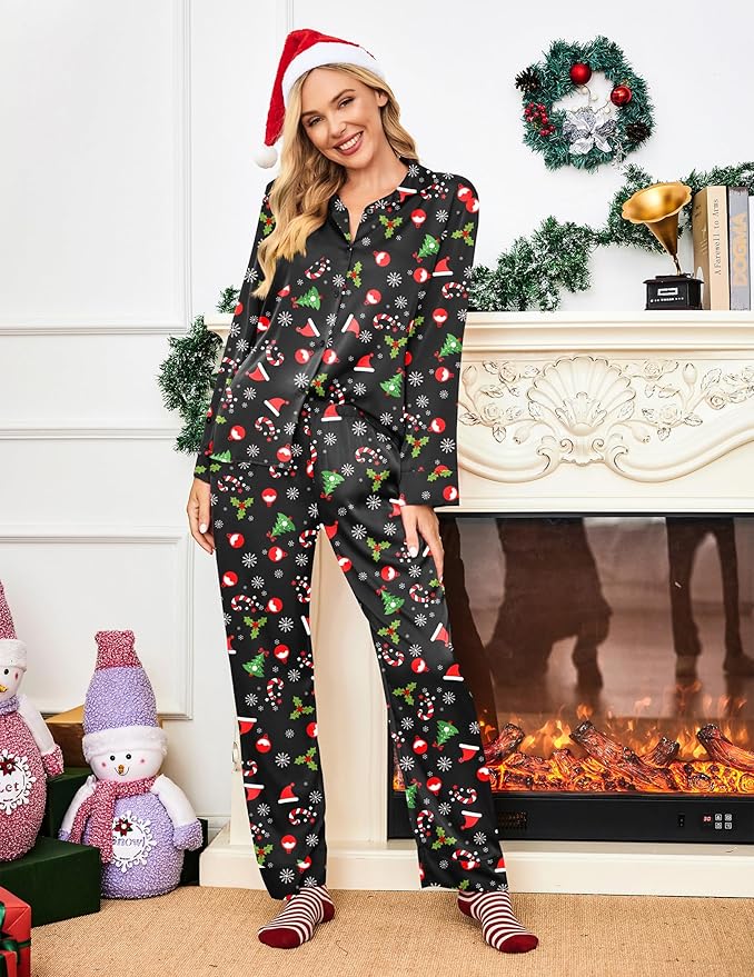 Ekouaer Women Satin Silk Pajamas Classic Long Sleeve Button Down Pjs Set Soft Loungewear