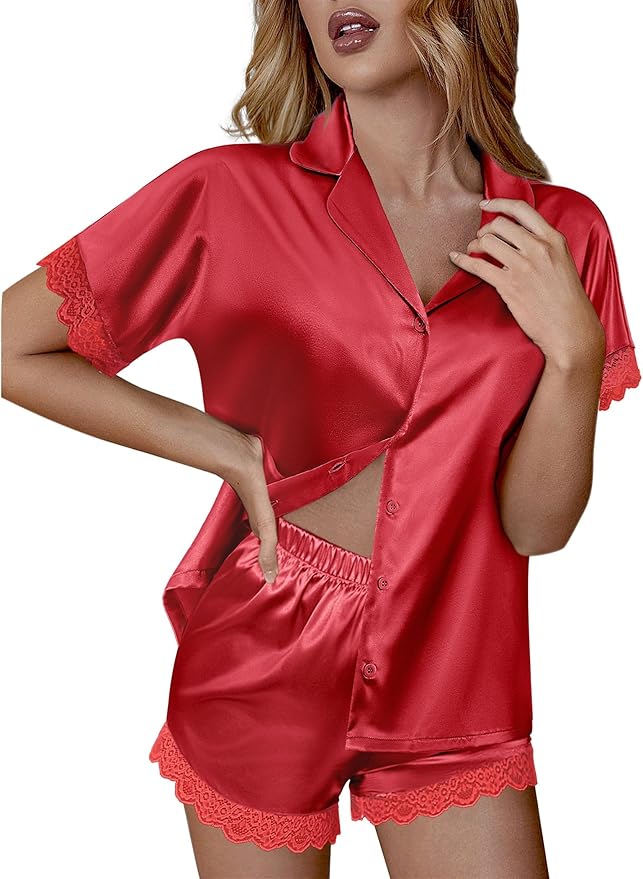 Ekouaer Womens Lace Satin Pajama Set Button Down Pj Shorts Set Bridesmaids Getting Ready Outfits Casual Sleepwear XS-XXL