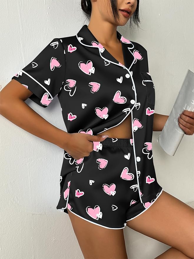 Ekouaer Womens Silk Satin Pajama Set Print Short Sleeve Sleepwear Button Down Pjs Shorts Set Loungewear