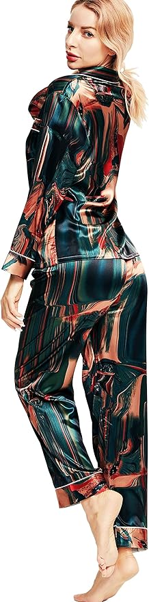 SIHA Satin Silk Pajamas for Women Pajama Set With Long Sleeve Button-Down Satin Pajamas Sleepwear XS-3XL
