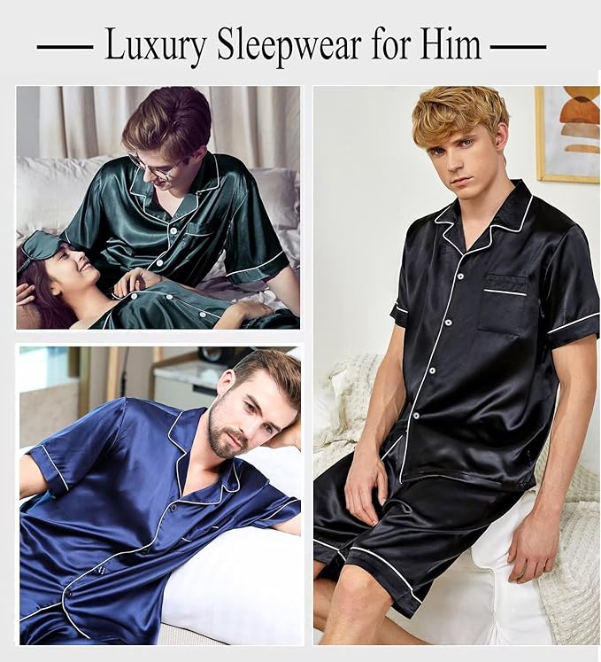SWOMOG Satin Matching Pajamas Sets Couple Silk Button Down Nightwear Women & Men Short Sleeve Sleepwear 2 Pieces Loungewear