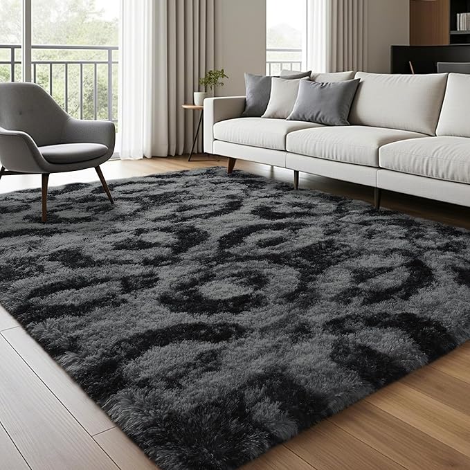 ISEAU 4x6 Rug for Bedroom, Charcoal Gray Geometric Pattern Fluffy Area Rug for Living Room, Kitchen, Soft Shag Carpets, Plush and Machine Washable Mats, Nursery Floors Mat, Boys Room Carpet Decor