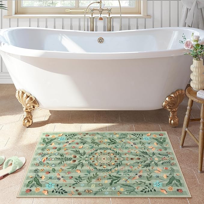 Lahome Chloe Insect Botanical 2x3 Kitchen Rugs Green Door Mat Indoor Entrance,Machine Washable Boho Floral Small Rug,Soft Non-Slip Indoor Carpet Throw Rugs for Entryway Bathroom Laundry(Green,2x3)