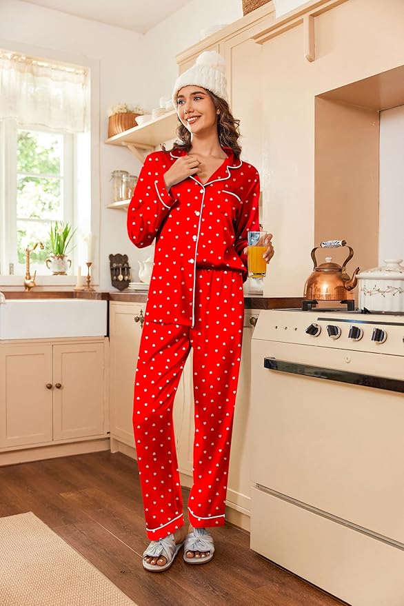 Ekouaer Women's Classic Button Down Long Satin Silk Pajama Set