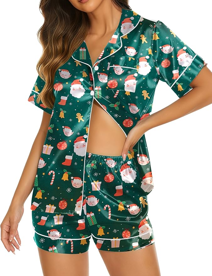 Ekouaer Silk Pajamas for Women Short Sleeve Sleepwear Soft Button Down Loungewear 2 Piece Satin Pjs Shorts Set