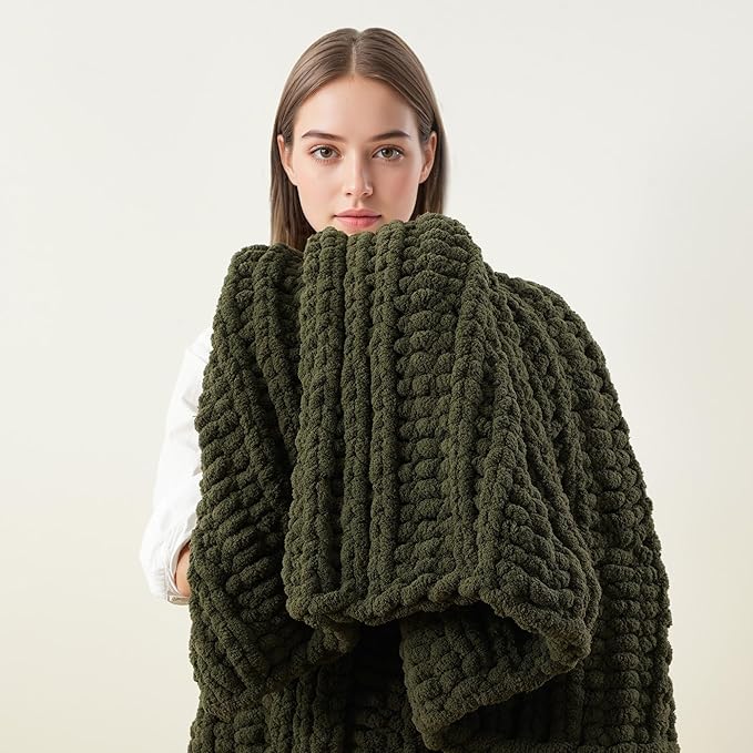 Battilo Chunky Knit Throw Blanket for Couch, Super Soft Warm Cozy Chenille Throw Blanket, Olive Green Blanket for Bed, Sofa, Living Room, 50"x60"