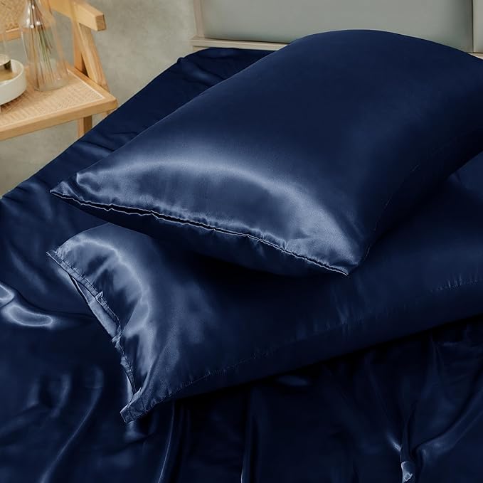 Navy Blue Satin Pillowcase Queen Size Set of 2 for Hair and Skin, Navy Blue Silk Pillowcase Breathable Pillowcase with Envelope Closure
