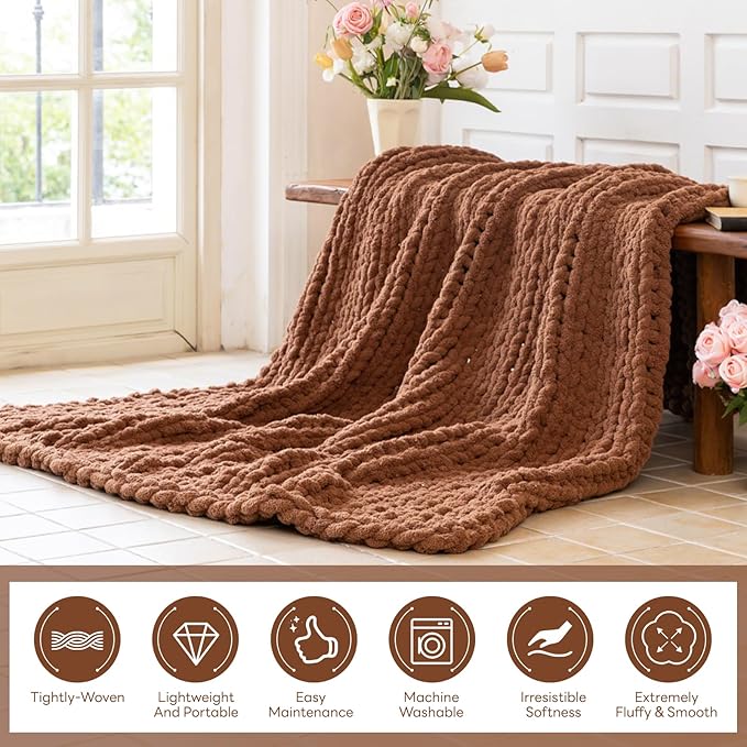 Chunky Knit Blanket - Luxury Soft Cozy 40 * 50 Throw Blanket,100% Woven Blanket Rope Knot Throw Blanket for Couch, Sofa, Home Decor, Gift - Machine Washable (Reddish-Brown, 40 * 50)