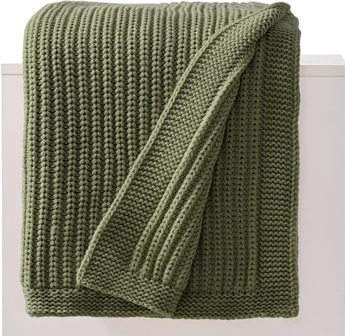 Chunky Knit Olive Green Throw Blanket 50"x60",Soft Cozy Thick Knitted Blanket for Couch Sofa Bed, Cute Decorative Throw for Living Room