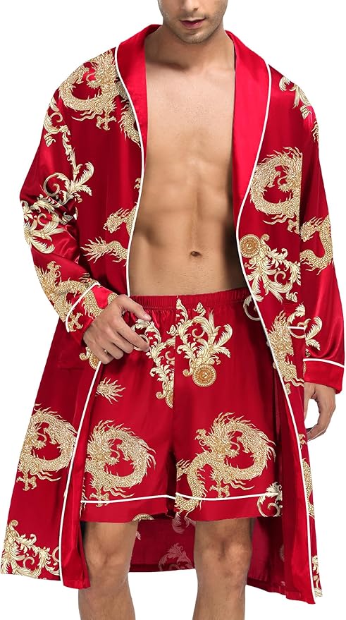 SWOMOG Men's Satin Robe Silky Kimono Bathrobe with Shorts Set Lightweight Soft Loungewear Nightwear