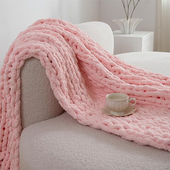 Luxury Chunky Knit Blanket Throw, Handmade Thick Chenille Yarn Throw 50x60, Blush Pink Cable Knit Crochet Blanket, Decorative Cozy and Soft Crochet Throw Blanket for Couch Home Decor