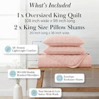 Southshore Fine Living, Inc. Lightweight Quilt, Oversized Quilts for King Bed, Soft Coverlet, 3-Piece Bedspread Set with Two Matching Quilted Pillow Shams, California/King Quilts, Pastel Pink