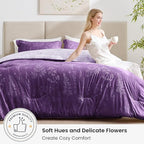 Love's cabin Dark Purple Comforter Set Queen - Queen Size Comforter Set, 3 Pieces Cute Floral Bedding Sets for All Seasons,1 Soft Reversible Botanical Flowers Comforter and 2 Pillow Shams