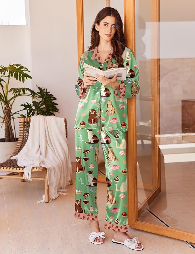 Ekouaer Silk Pajamas for Women Long Sleeve Satin Pajama Set Silky Pj Sets 2 Piece Button Down Loungewear Sleepwear