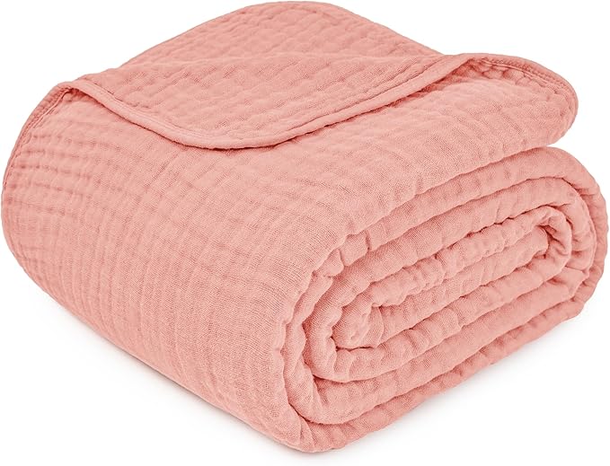 Comfy Cubs Muslin Throw Blanket - 50” x 60” Quilted Design - Lightweight, Breathable 6-Layer Gauze Fabric - Soft Cotton Blanket for Home or Travel - Packaged in Elegant Gift Box - Bold Blush