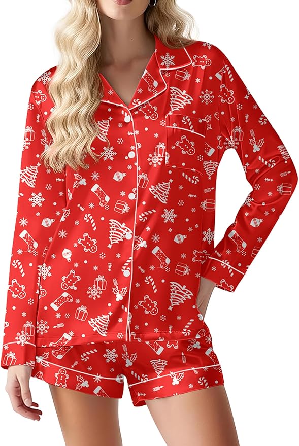 Ekouaer Satin Pajama Set for Women Button Down Pj Set Long Sleeve Top and Shorts 2 Piece Loungewear Summer Soft Sleepwear
