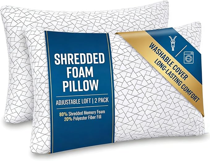 Meoflaw Adjustable Memory Foam Pillows: 2 Pack King Size Shredded Foam Bed Pillow for Sleeping with Removable & Washable Pillowcase for All Sleep Positions
