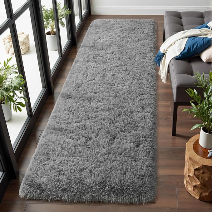 Macgace Fluffy Runner Rug, 2x6 Grey Washable Hallway Area Rugs for Bedroom Living Room Kitchen Laundry, Long Shag Rug with Non Slip Rubber Backing Fuzzy Entryway Carpet Modern Home Decor