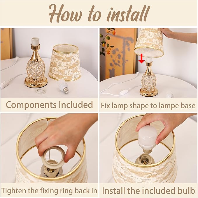 WSYEAR Crystal Table Lamp, Modern Lamp with Rose Flower Shade, LED Night Light with On/Off Switch Crystal Lamp for Living Room, Girl Bedroom, Dresser, Office