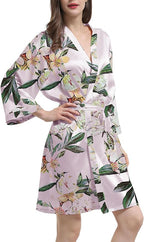 WJing Yi Jia Womens Satin Kimono Robe Silky Robes Floral Bathrobe Bride Bridesmaid Wedding Bridal Dressing Gown Loungewear