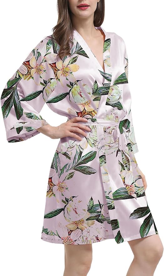 WJing Yi Jia Womens Satin Kimono Robe Silky Robes Floral Bathrobe Bride Bridesmaid Wedding Bridal Dressing Gown Loungewear