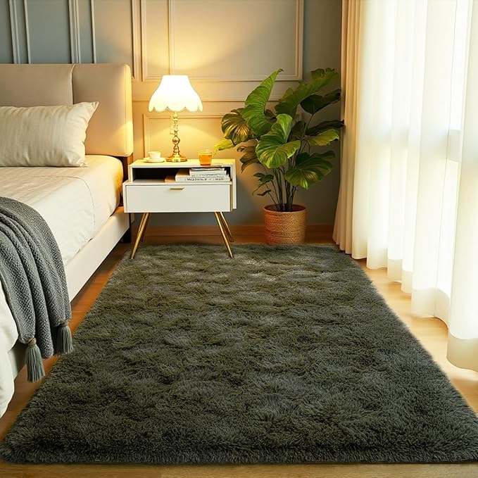 Softlife Olive Green Area Rug for Bedroom, Fluffy Shag Plush 3x5 Rugs for Living Room Girls, Shaggy Throw Soft Fuzzy Small Kids Carpet for Dorm Bedside Ultra Cozy Non-Slip Indoor Decor