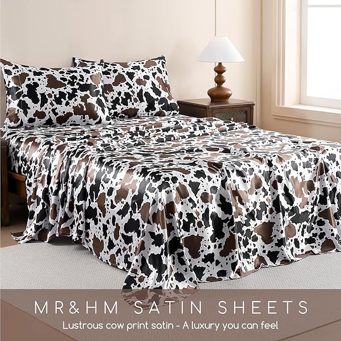 MR&HM Satin Bed Sheets with Elastic Corner Straps, Full Size Sheets Set, 4 Pcs Silky Bedding Set with 15 Inches Deep Pocket for Mattress (Full, Cow Print)