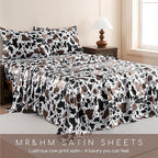 MR&HM Satin Bed Sheets with Elastic Corner Straps, Queen Size Sheets Set, 4 Pcs Silky Bedding Set with 15 Inches Deep Pocket for Mattress (Queen, Cow Print)