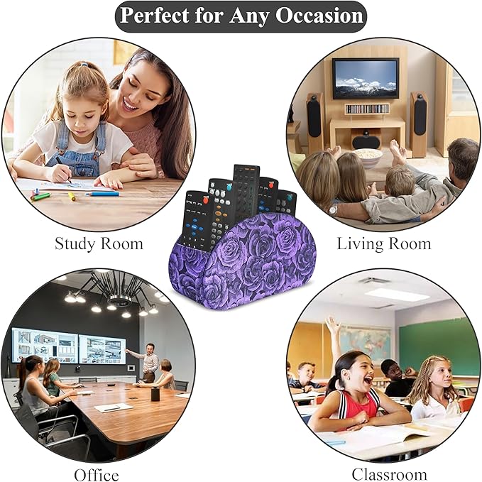 QIELIZI Remote Control Holder, PU Leather Remote Caddy Desktop Organizer with 5 Spacious Compartments for TV Remotes/Media Controllers/Office Supplies (1-3D Rose Purple