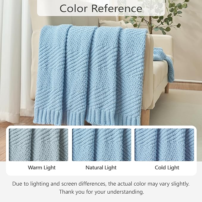 Knitted Throw Blanket 50"X60", Light Blue Knit Throws for Bed, Super Soft Boho Chevron Blankets for Couch Sofa Chair Room Decor, Textured Decorative Farmhouse Cozy Lightweight