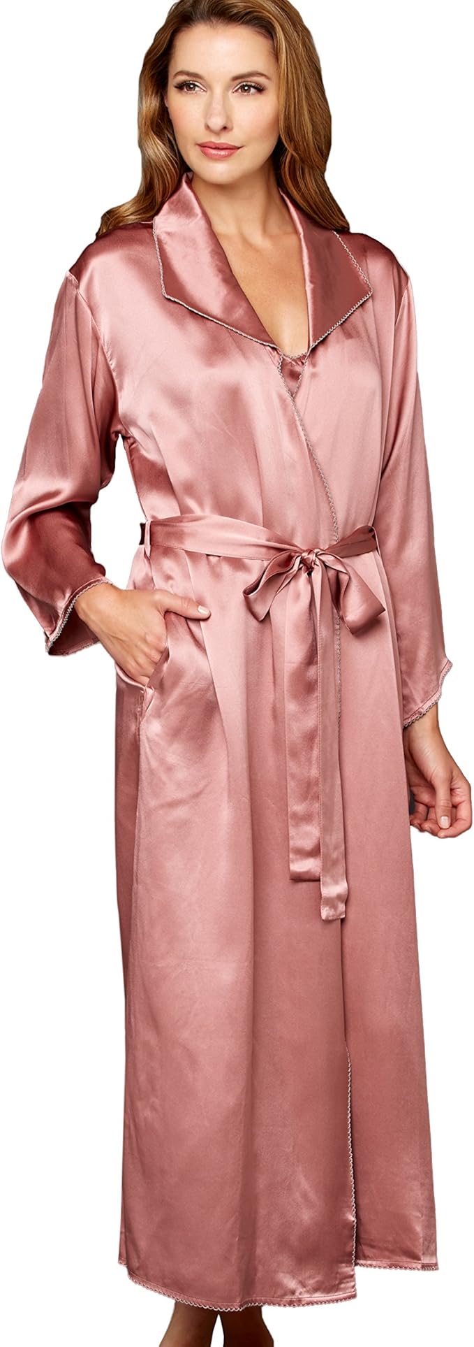 Julianna Rae Women's Silk Robe, 54" Full Length, Lace Trim, Relaxed Fit, Evening Stroll Collection, Lingerie
