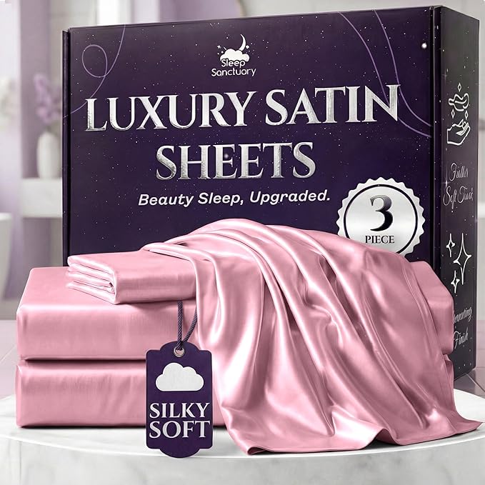 SLEEP SANCTUARY Satin Sheets Twin Size – 3 Piece Luxury Silky Bed Set, Softer Than Silk, 15" Deep Pocket, Cooling & Wrinkle-Free, Moisture-Wicking & Breathable for Hair & Skin (Pink)