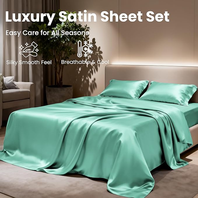 Love's cabin Full Satin Bed Linen Set, 4 Piece, Aqua, Silky Soft, Luxury Feeling, Wrinkle Resistant, Deep Pockets, Fitted & Flat Sheets, 2 Pillowcases