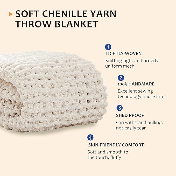 L'AGRATY Chunky Knit Blanket Throw - Soft Chenille Yarn Throw Blanket 40x50: Handmade Thick Cable Crochet Blankets - Large Blankets Chunky Yarn - Rope Knot Throw for Couch Sofa Bed Home Decor