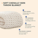 L'AGRATY Chunky Knit Blanket Throw: 80''x90'' Chenille Chunky Knitted Throw Blanket for Bed Couch - Handmade Thick Big Cable Knit Blanket - Large Chunky Crochet Rope Blanket for Home Decor(Ivory)