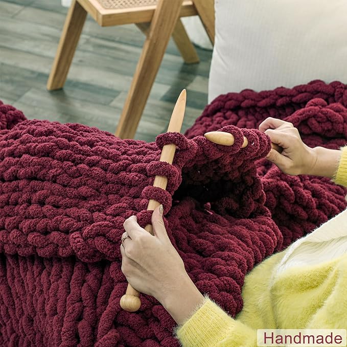 WESHIONGOO Chunky Knit Blanket Throw 51"×63" Knitted Throw Blankets for Couch Bed Fluffy Soft Blanket with Jumbo Chenille Yarn Thick 100% Handmade(Burgundy Red)
