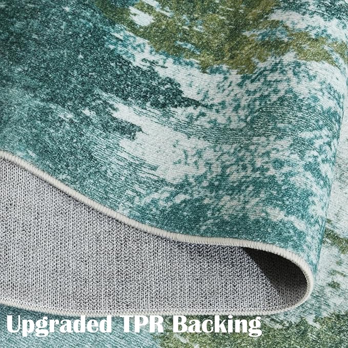 Area Rug 5x7 Washable Rugs Green Abstract Area Rug Soft Non-Slip Non-Shedding Faux Wool Stain Resistant Floor Carpets for Living Room Bedroom Dining Room Kids Room Home Office Farmhouse