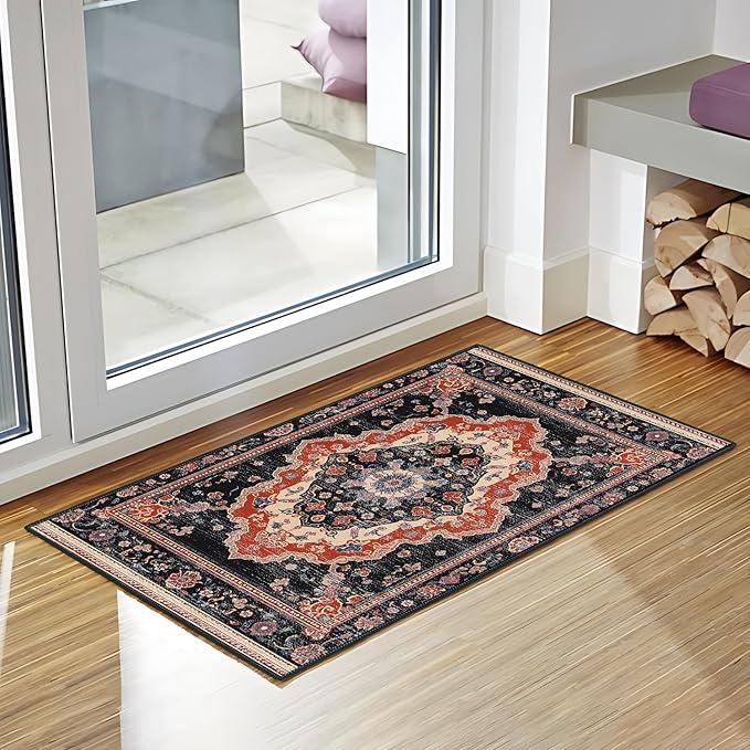 Area Rug 2x3 ft Rug Washable Boho Rugs Non Slip Low Pile Floral Small Carpet for Bedroom, Bedside, Kids Room, Office, Dining Room (Retro Colors, 2x3 ft)