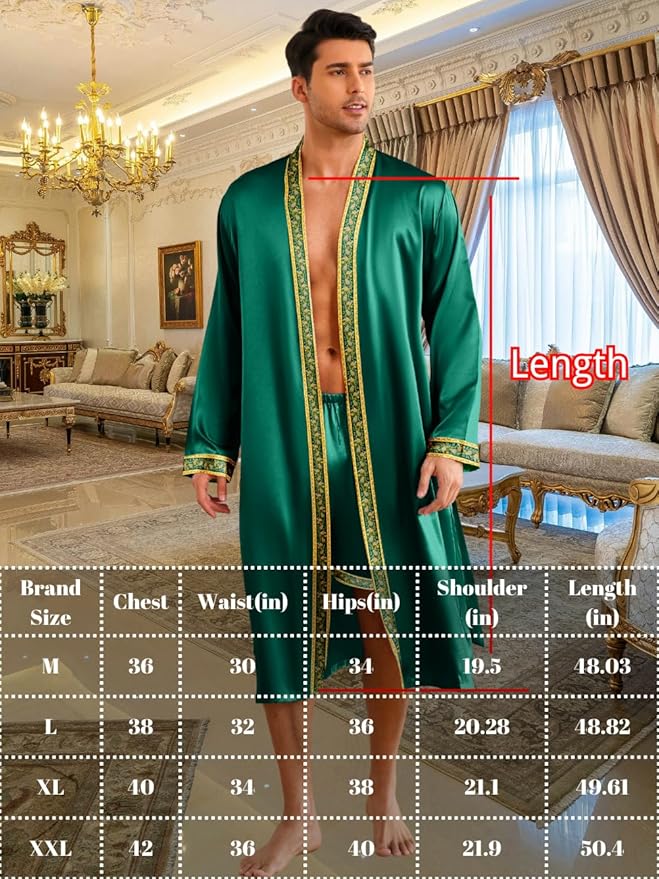 ChiaoLezhee Mens Satin Bath Robe with Shorts Set, Silk Paisley Kimono Lightweight, Soft Long Sleeve Sleepwear