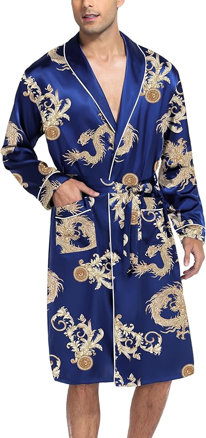 SWOMOG Men's Satin Robe Silky Kimono Bathrobe with Shorts Set Lightweight Soft Loungewear Nightwear