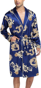 SWOMOG Men's Satin Robe Silky Kimono Bathrobe with Shorts Set Lightweight Soft Loungewear Nightwear