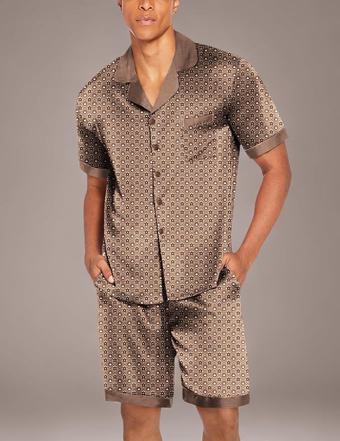 Ekouaer Men Satin Silk Pajamas Set with Pockets Sleepwear Shorts Satin Summer Loungewear 2 Piece Button Down Set S-3XL