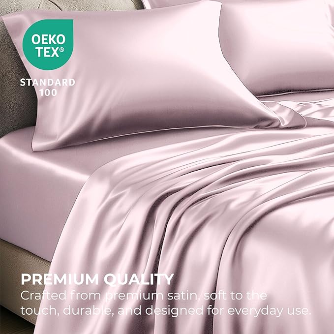Pure Bedding Satin Sheets Twin [3-Piece, Champagne Pink] Hotel Luxury Silky Bed Sheets - Extra Soft 1800 Microfiber Sheet Set, Wrinkle, Fade, Deep Pocket Fitted Sheet, Flat Sheet, Pillow Cases