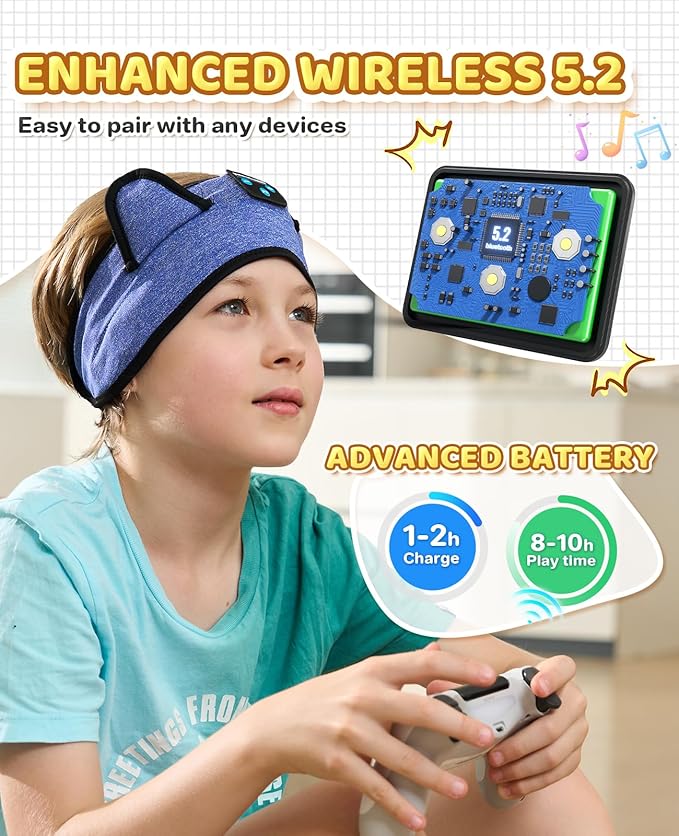 Kids 3-in-1 Headband Headphones-Wireless Bluetooth & Wired 3.5mm Jack, Ultra-Thin Speakers, Adjustable Fit for Toddlers, Safe Volume - Ideal for School/Travel/Sleep/Home, Gift for Boy& Girl